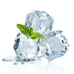  Ice cubes and basil leaves isolated on white background 