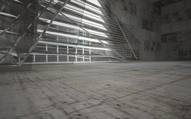 Empty dark abstract concrete room interior with blue glass. Architectural background. Night view of the illuminated. 3D illustration and rendering