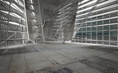 Empty dark abstract concrete room interior with blue glass. Architectural background. Night view of the illuminated. 3D illustration and rendering