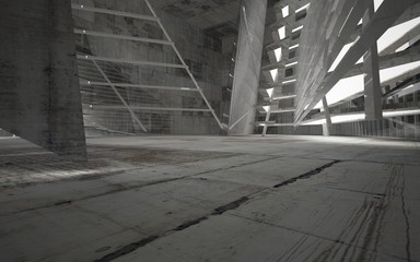 Empty dark abstract concrete room interior with blue glass. Architectural background. Night view of the illuminated. 3D illustration and rendering