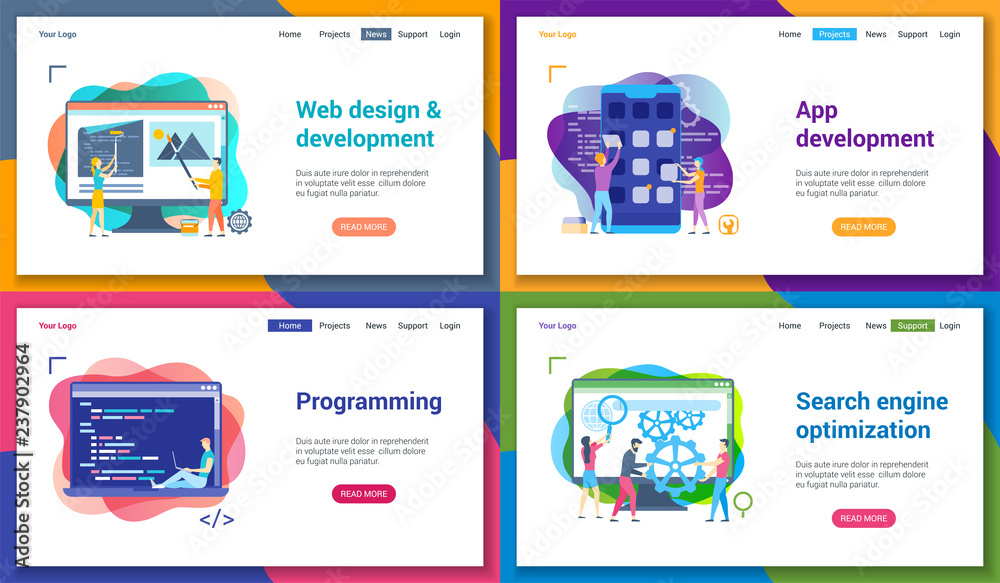 Poster set of modern landing page template for programming, web development, search engine optimization. ve