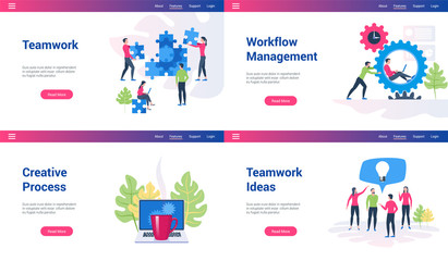 Set of modern landing page template for teamwork, workflow management, creative process. Vector illustration mock-up for website and mobile website
