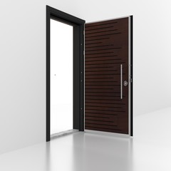 Metal door with wall. 3D rendering. 3D illustration