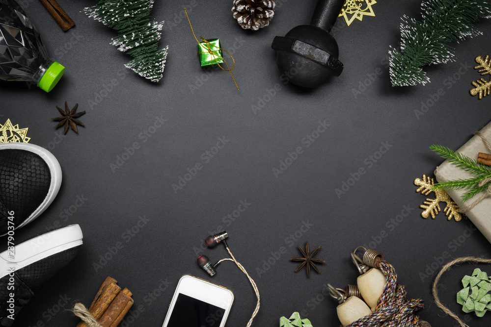 Canvas Prints fitness and healthy christmas sport composition. overhead shot of sport shoes, dumbbells, skipping r