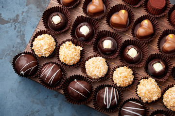 Chocolate handmade candies, pralines and truffles in assortment. 
