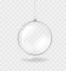 Glass transparent Christmas ball. Holiday decoration template. Vector illustration.