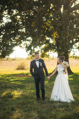 Stylish couple of happy newlyweds walking in field on their wedding day with bouquet. In the middle of the field ther is a big tree