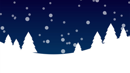 Snow winter sky background with hills, snowfall and new year trees. Vector illustration.