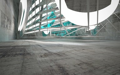 Empty dark abstract glass turquoise and concrete smooth interior. Night view of the illuminated. Architectural background. 3D illustration and rendering