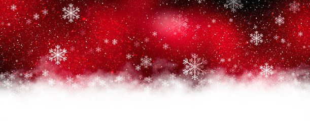 Red sparkling background with stars and snowflakes, balls, magical atmosphere of the Christmas holidays. Red bokeh background with snowflakes. Empty winter background, snowy, celebratory, sparks and s