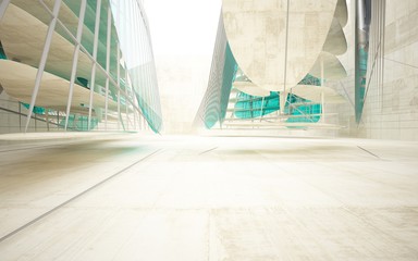 Empty dark abstract glass turquoise and concrete smooth interior. Architectural background. 3D illustration and rendering