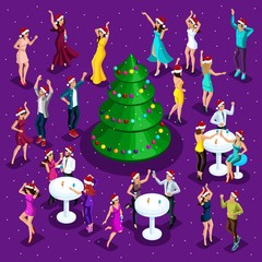 Fototapeta na wymiar Isometric celebration of Christmas, 3d dancing, happiness of a man and a woman are having fun, festive Christmas tree in the center, corporate party, night club