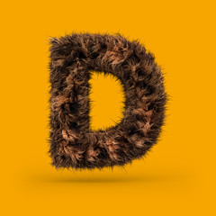 Uppercase fluffy and furry font. Letter D. 3D