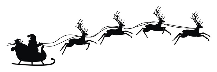 Санта Клаус летит в санях с оленями