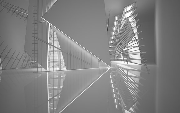 Abstract white interior highlights future. Polygon drawing . Architectural background. 3D illustration and rendering
