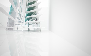 abstract architectural interior with white sculpture and geometric glass lines. 3D illustration and rendering