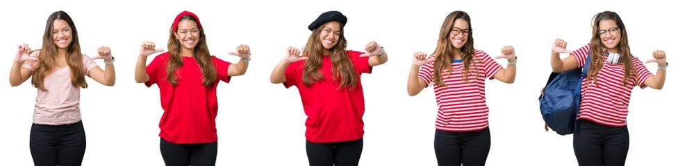 Collage of beautiful young woman over isolated background looking confident with smile on face, pointing oneself with fingers proud and happy.