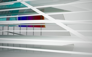Obraz premium abstract architectural interior with white sculpture and geometric glass lines. 3D illustration and rendering