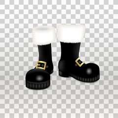 A pair of Santa Claus Christmas black high boots . Realistic vector illustration icon isolated on transparent background.
