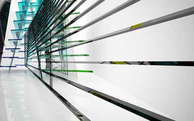 abstract architectural interior with gradient geometric glass sculpture with black lines. 3D illustration and rendering