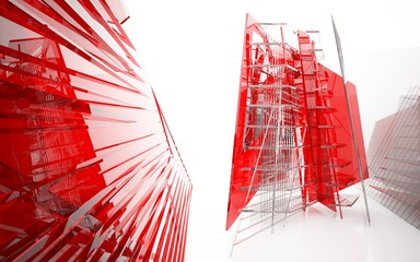 abstract architectural interior with red  glass sculpture . 3D illustration and rendering