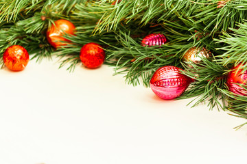 Christmas composition with retro decoration on white wooden background with copy space for your text