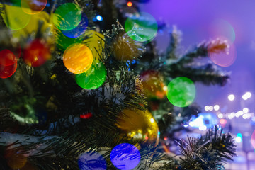 Fototapeta na wymiar Christmas fir tree on the street, decorated with balls and lights