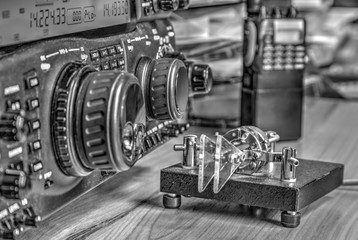 Modern high frequency radio amateur transceiver in black and white