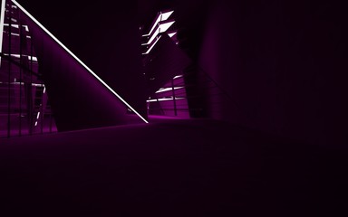 Abstract interior of the future in a minimalist style with violet sculpture. Night view from the backligh. Architectural background. 3D illustration and rendering