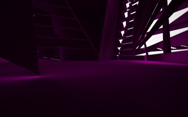 Abstract interior of the future in a minimalist style with violet sculpture. Night view from the backligh. Architectural background. 3D illustration and rendering