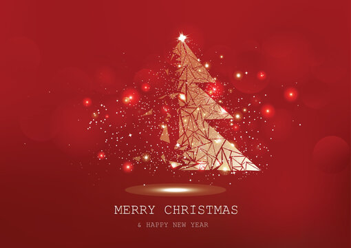 Merry Christmas, tree polygon, confetti, golden glowing particles scatter, poster, postcard red luxury background seasonal holiday vector illustration