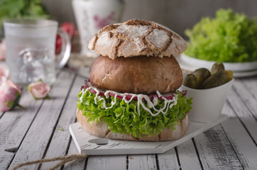 Portobello burger, homemade bun and lettuce