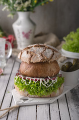 Portobello burger, homemade bun and lettuce