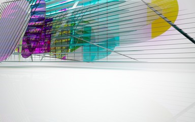 abstract architectural white interior with colored smooth glass gradient sculpture. 3D illustration and rendering