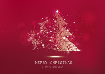 Merry Christmas, tree polygon with reindeer fantasy miracle, confetti stars sparkle, golden glowing particles scatter, poster, luxury background seasonal holiday vector illustration