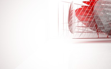 Abstract dynamic interior with red glass smooth  objects. 3D illustration and rendering