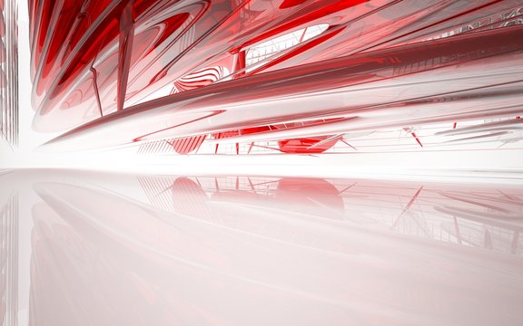 Abstract dynamic interior with red glass smooth  objects. 3D illustration and rendering