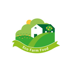 Naklejka premium Vector logo template for healthy farm products. lllustration of ranch with fields growing on them carrots. Vegan icon. Can be used for vegetarian cafe, store or shop. EPS10.