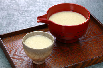 homemade Amazake, Japanese traditional sweet drink made from rice koji.
