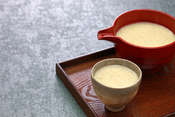 homemade Amazake, Japanese traditional sweet drink made from rice koji.
