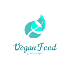 Vector logo template for vegan food. Illustration of leaf. Vegan badge. Can be used for vegetarian cafe, store or shop. EPS10. Eco product logotype.