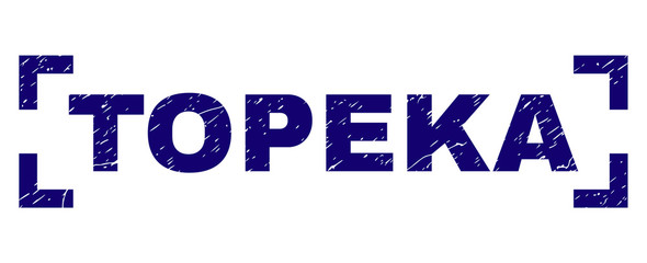 TOPEKA caption seal print with grunge texture. Text label is placed between corners. Blue vector rubber print of TOPEKA with corroded texture.