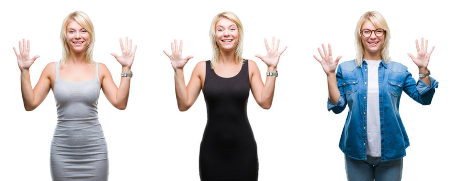Collage of beautiful blonde woman over isolated background showing and pointing up with fingers number ten while smiling confident and happy.