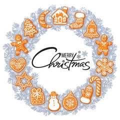 Merry Christmas lettering in center of silver grey wreath with gingerbread cookies. Round frame from traditional holiday cookies. Cartoon vector illustration.