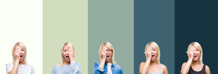 Obraz premium Collage of beautiful blonde woman over green vintage isolated background covering one eye with hand with confident smile on face and surprise emotion.