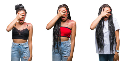 Collage of beautiful braided hair african american woman with birth mark over isolated background peeking in shock covering face and eyes with hand, looking through fingers