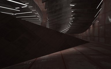 Empty abstract room interior of sheets rusted metal and concrete. Architectural background. Night view of the illuminated. 3D illustration and rendering
