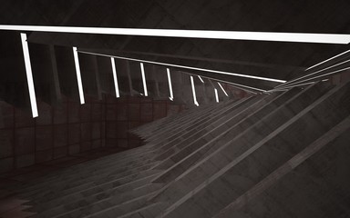 Empty abstract room interior of sheets rusted metal and concrete. Architectural background. Night view of the illuminated. 3D illustration and rendering