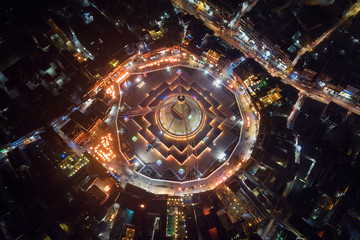 Fototapeta premium Bouddhanath Stupa. Night photo. Nepal. Kathmandu. The festival of fire. Night shot from the air.