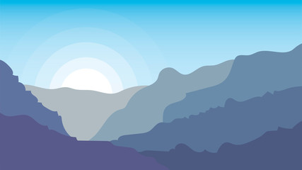 Landscape vector illustrations with hills, mountains, sky and sun.